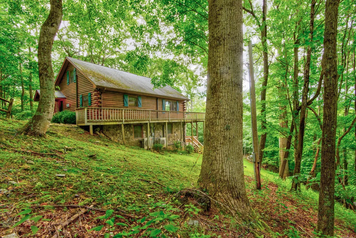 A log cabin surrounded by lush green grass and mature trees, with a spacious deck overlooking the yard—providing ample space for both people and pets to enjoy the outdoors.